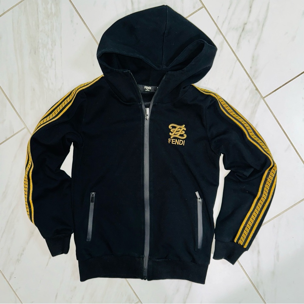 FENDI Vintage Y2K Monogram Track Jacket Hoodie Black Gold XS Small Logo